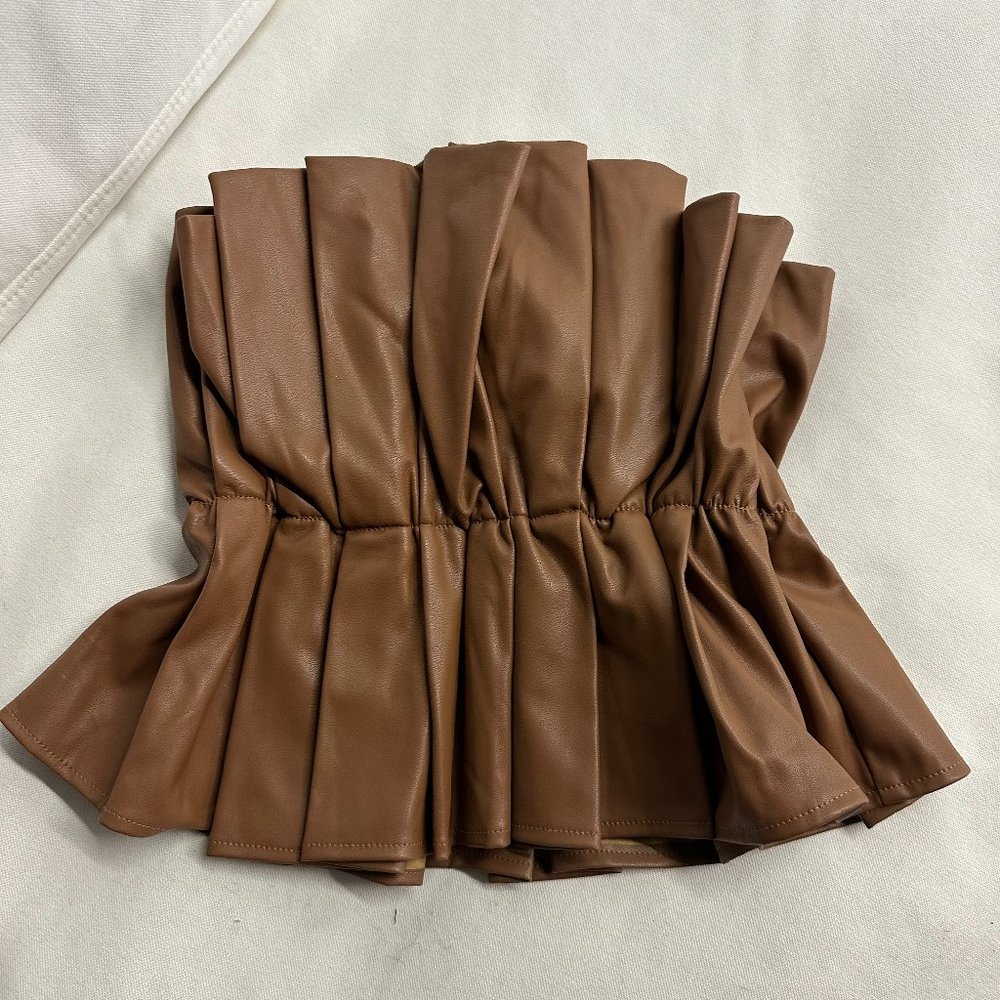 Brown Pleated Leather Women Top